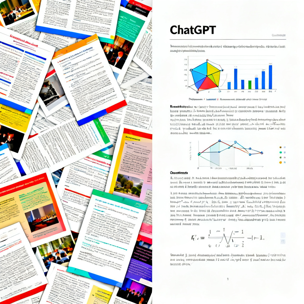 左侧是混乱的论文PPT排版，文字堆砌、图片错位、颜色花哨；右侧是ChatGPT生成的整洁学术排版，清晰的图表、规范的公式、统一的配色