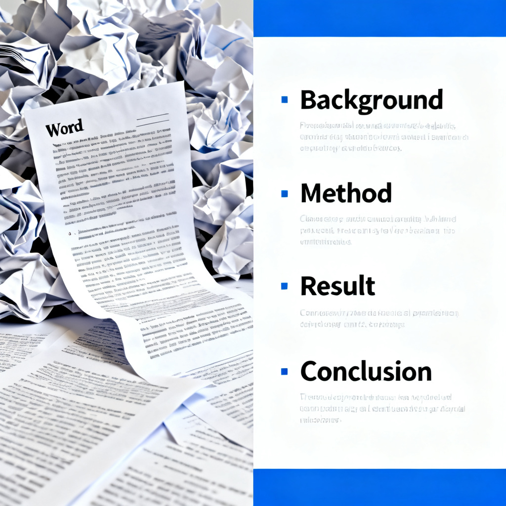 A split-screen comparison. Left side shows a chaotic, crumpled Word document with text spilling out. Right side shows a clean, structured PowerPoint slide with clear headings: 'Background', 'Method', 'Result', 'Conclusion'. The slide has a professional academic style, blue and white color scheme.