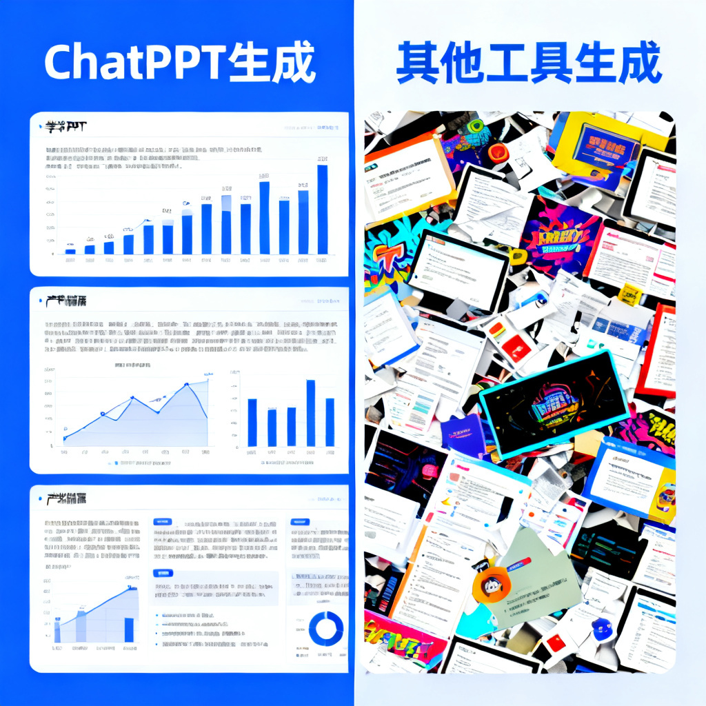一张对比图,左侧显示ChatPPT生成的学术PPT(清晰的数据图表和严谨排版),右侧显示其他工具生成的PPT(风格花哨、布局混乱),突出学术级排版优势