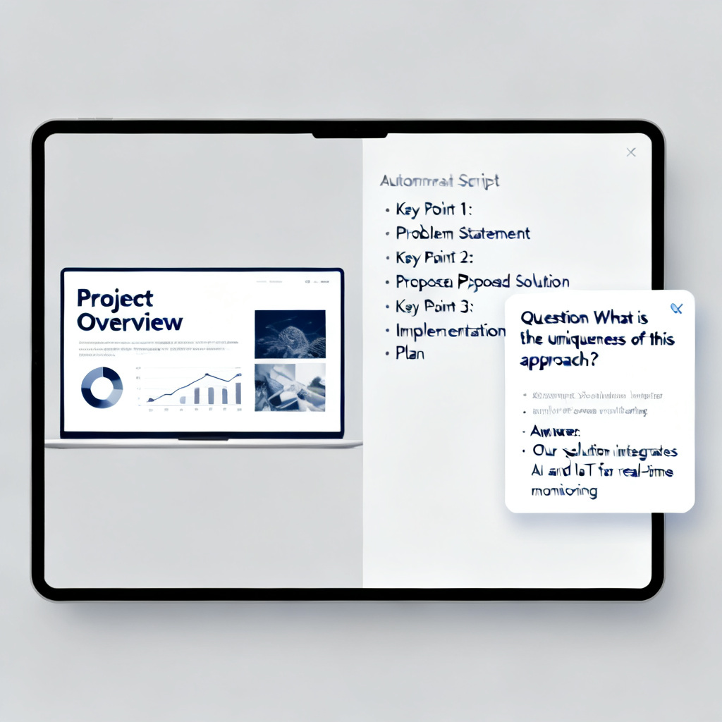 A user interface mockup showing a split screen: left side shows a presentation slide, right side shows an auto-generated script with bullet points and a pop-up window listing potential judge questions and suggested answers.