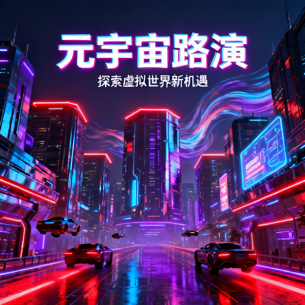 赛博朋克风格元宇宙路演PPT封面,霓虹灯光,未来城市,3D渲染,高对比度