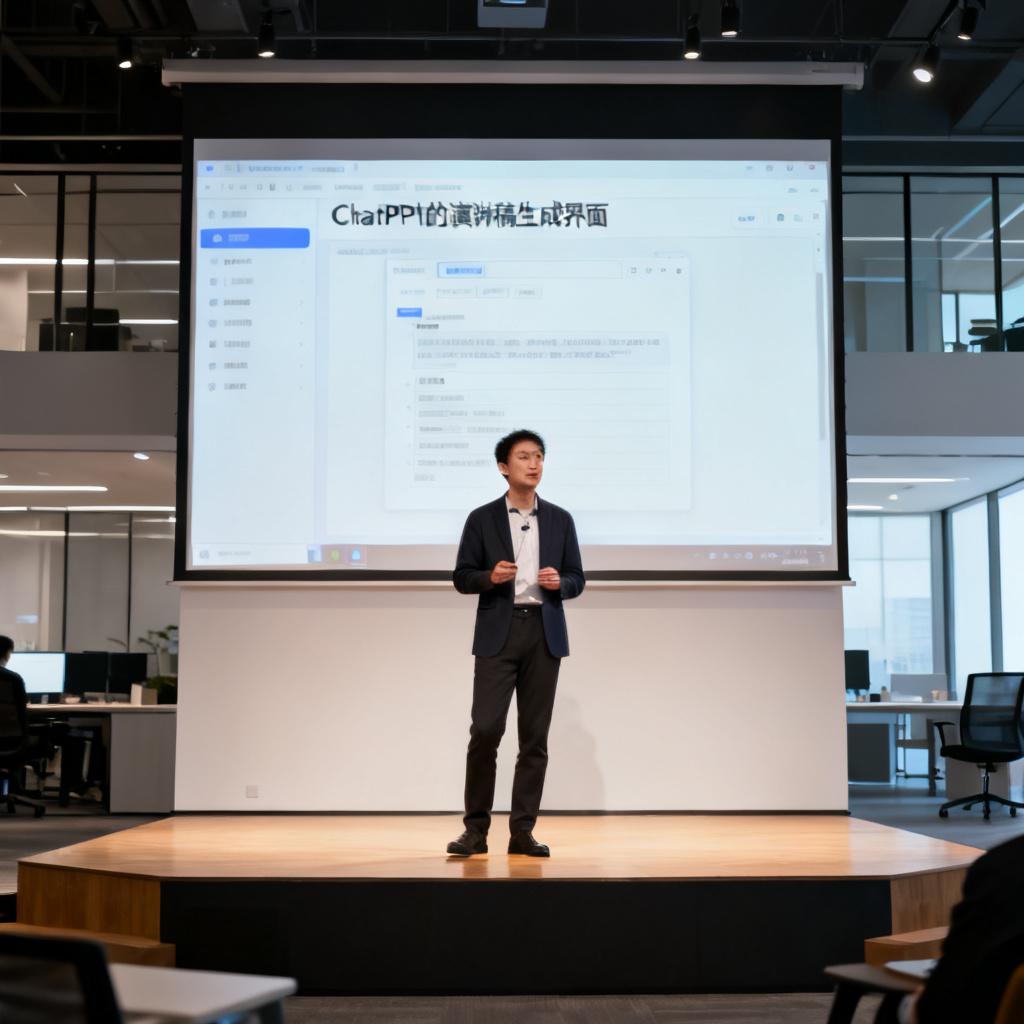 一位职场人士在舞台上自信演讲，面前是投影屏幕，屏幕上显示ChatPPT的演讲稿生成界面，背景为现代办公室