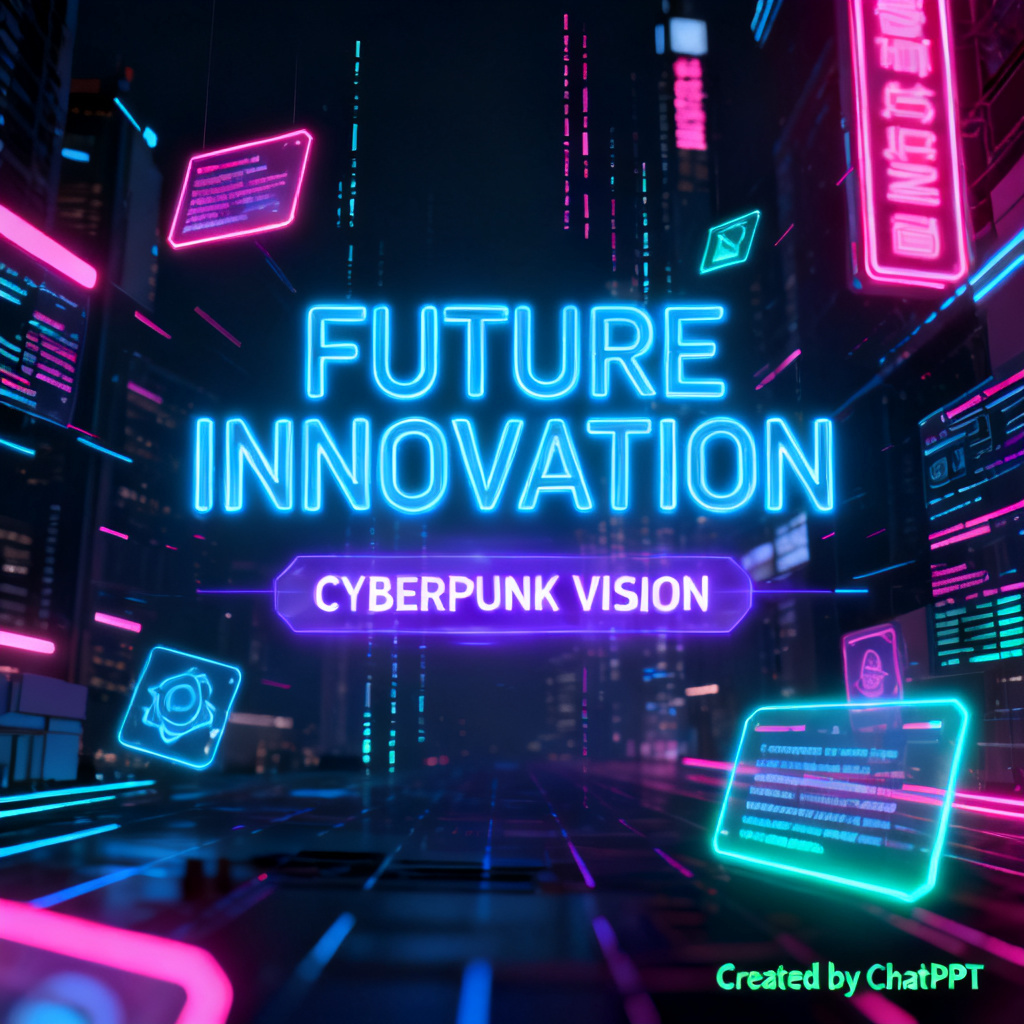 A futuristic presentation slide in cyberpunk style, with neon lights and holographic elements, created by ChatPPT