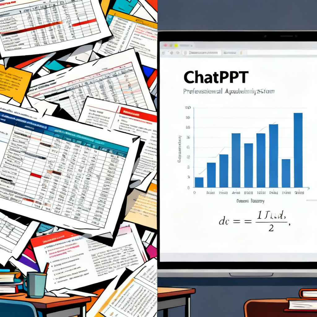 A side-by-side comparison illustration. Left side: a chaotic, messy slide with overlapping data tables, misaligned text, and clashing colors. Right side: a clean, professional academic slide from ChatPPT, featuring a well-structured bar chart, clear axis labels, and a neatly formatted mathematical formula.