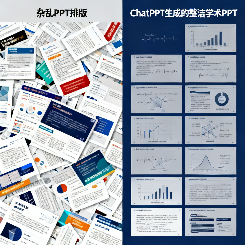 左右对比图，左侧是杂乱无章的PPT排版，右侧是ChatPPT生成的整洁学术风格PPT，包含图表和公式，色调严谨