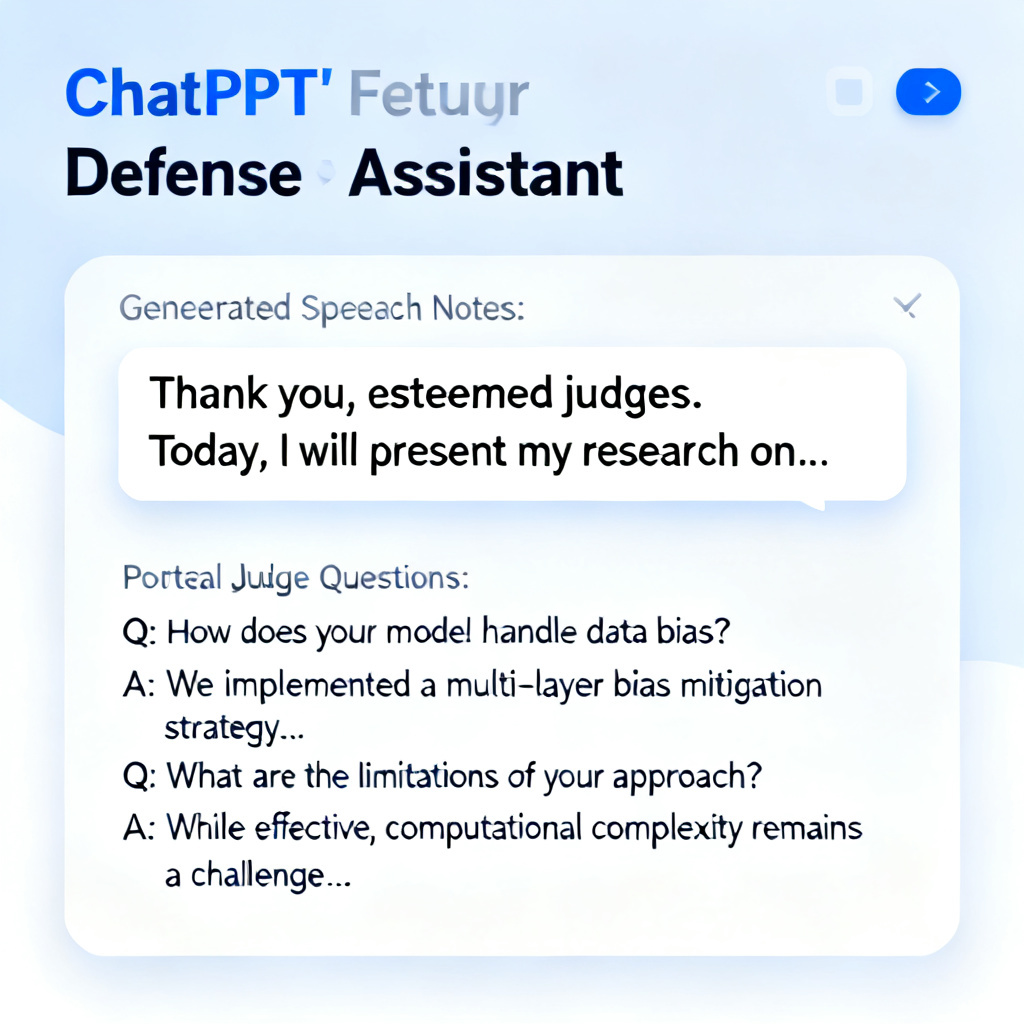 A screenshot mockup of ChatPPT's defense assistant feature, showing a slide with generated speech notes and a list of potential judge questions with answers.