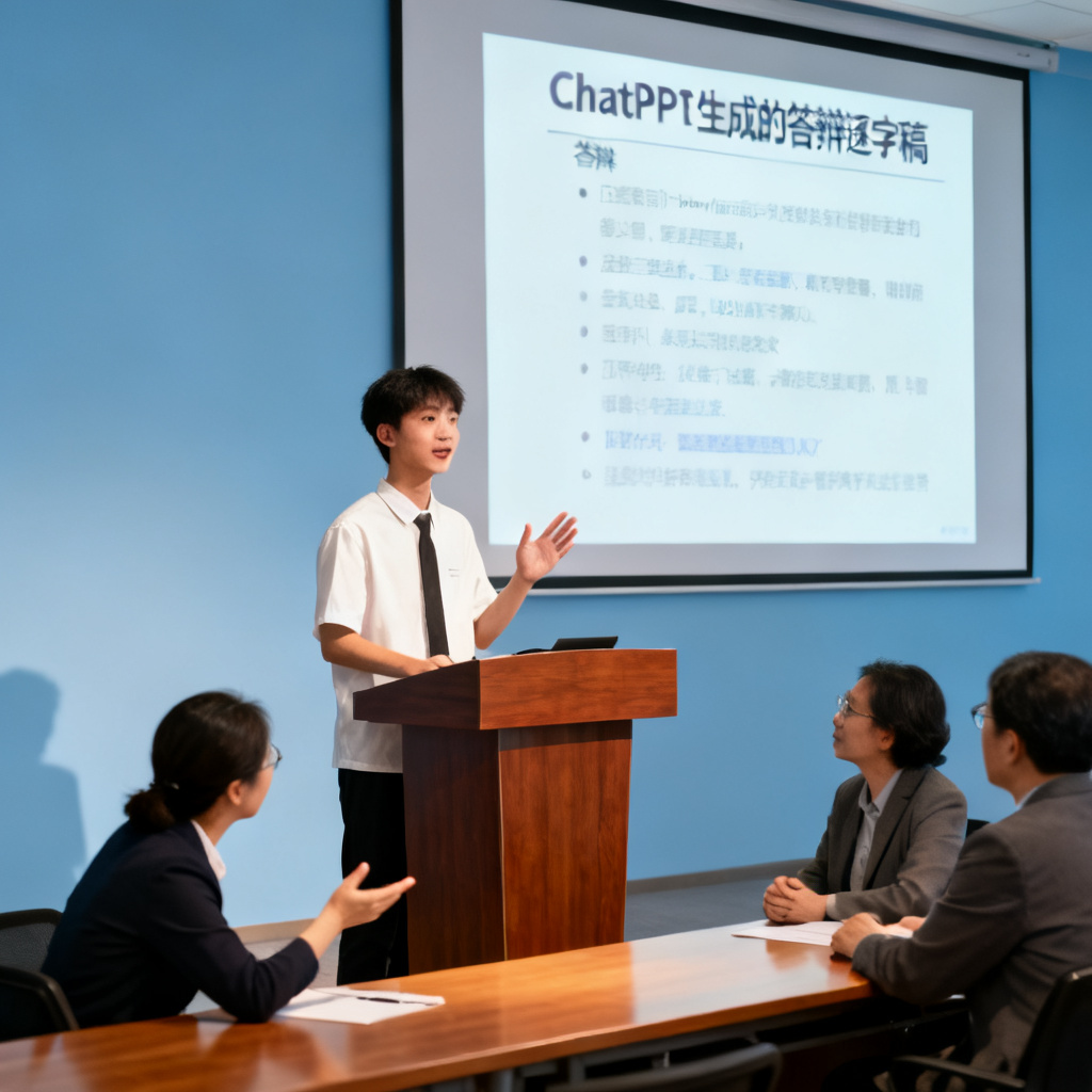一位学生在答辩台上自信演讲，大屏幕显示ChatPPT生成的答辩逐字稿，台下评委在提问