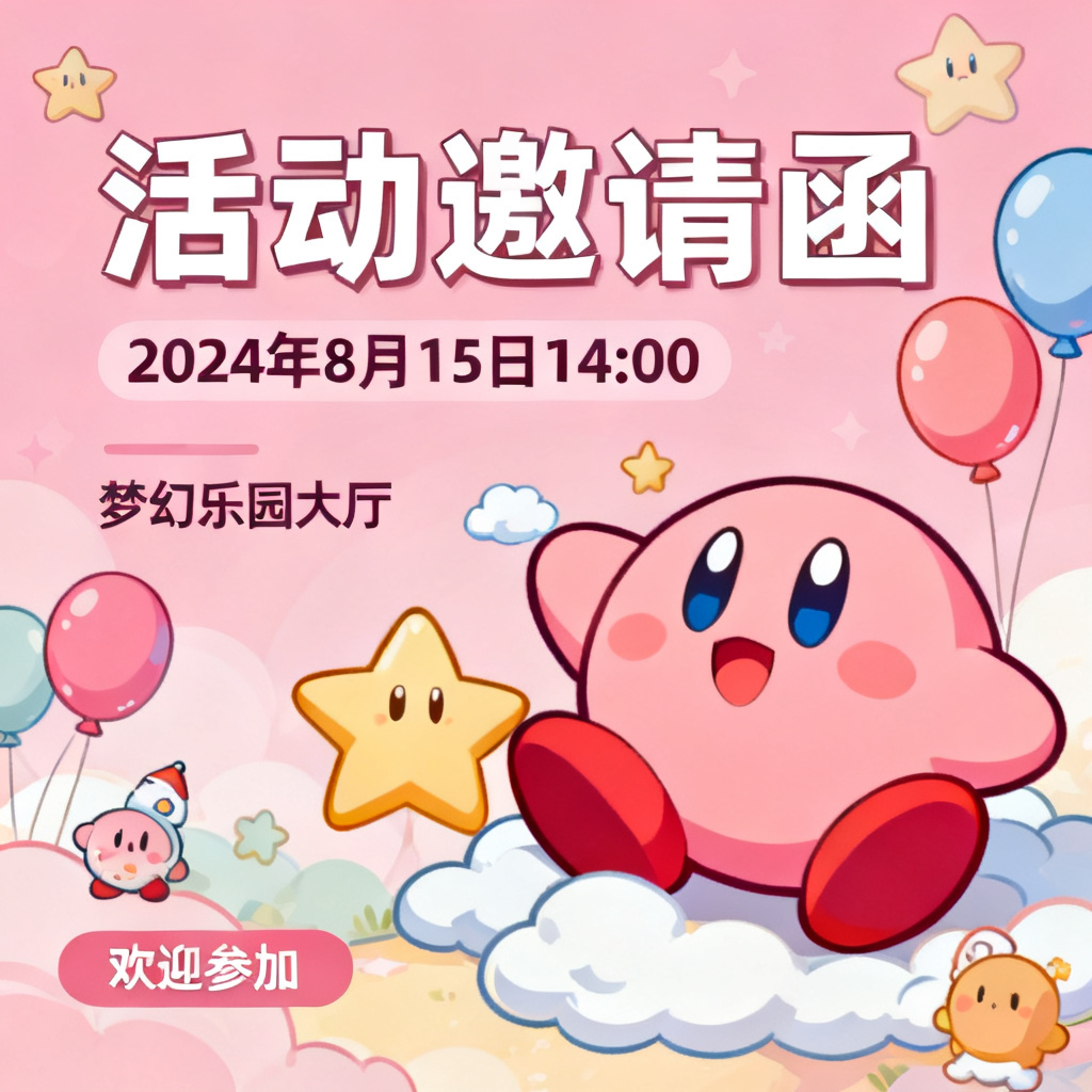 星之卡比风格的活动邀请函PPT，粉色调与卡通元素