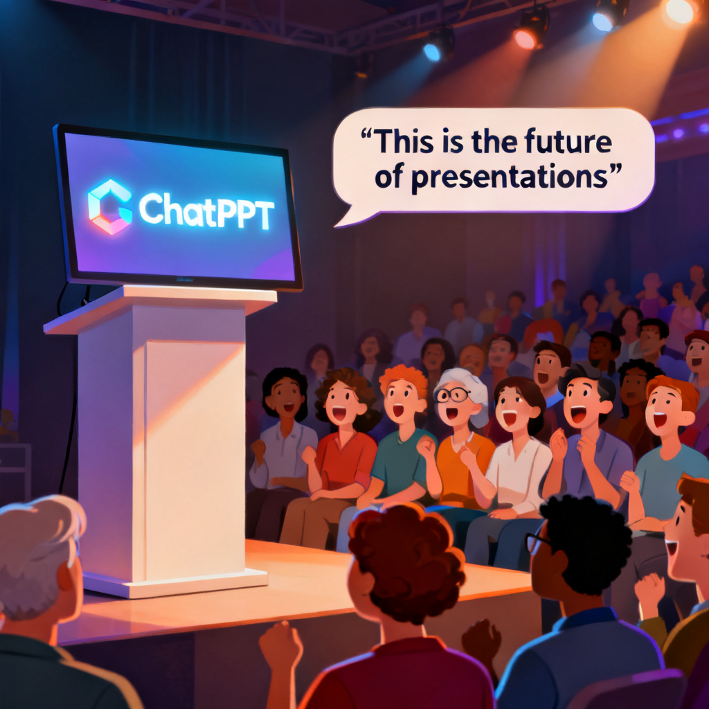 A podium with a glowing 'ChatPPT' logo on the screen, and a diverse audience looking impressed, with a quote bubble saying 'This is the future of presentations'