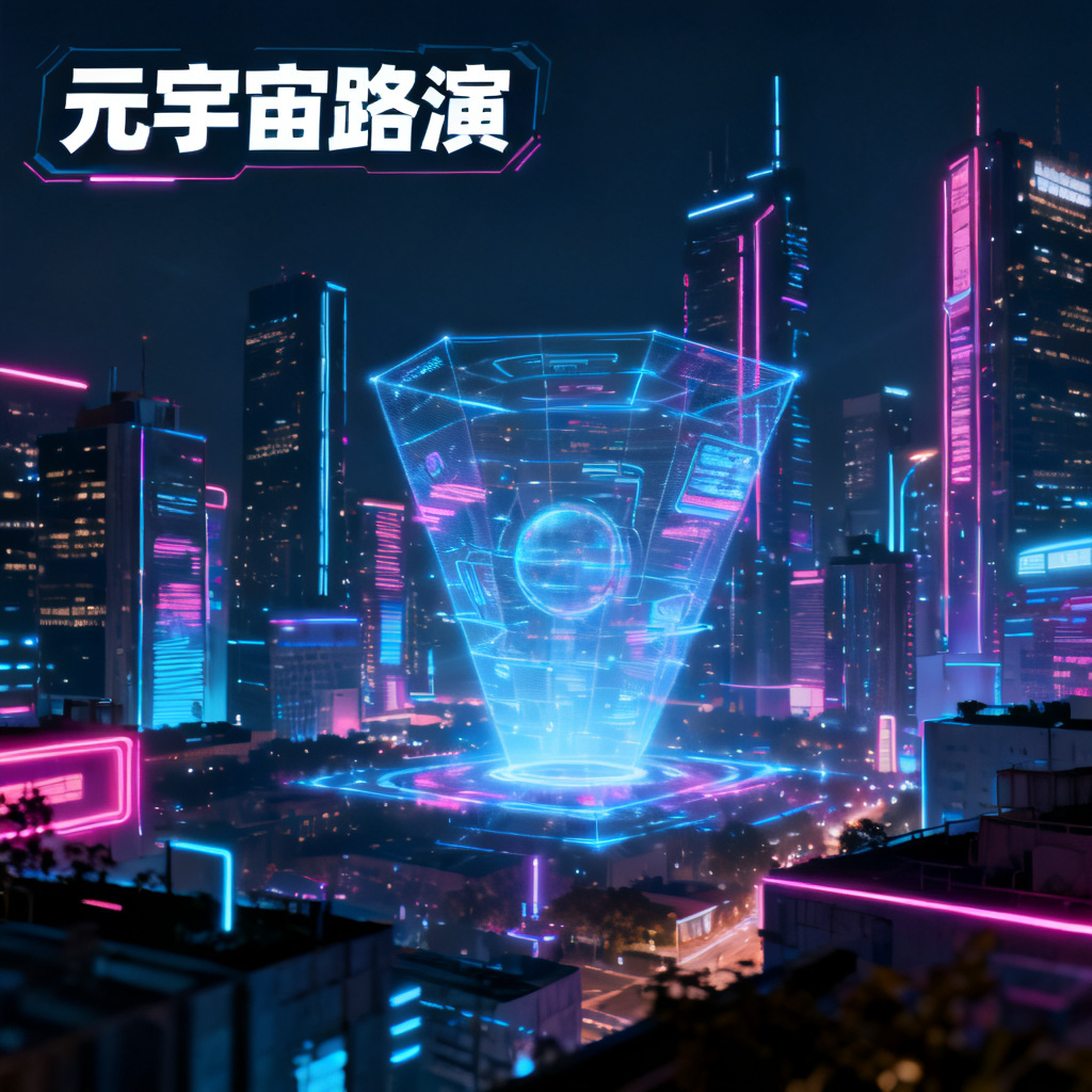 一张充满赛博朋克风格的城市夜景幻灯片，霓虹灯光与全息投影交织，页面左上角有“元宇宙路演”标题，整体采用冷色调与高对比度