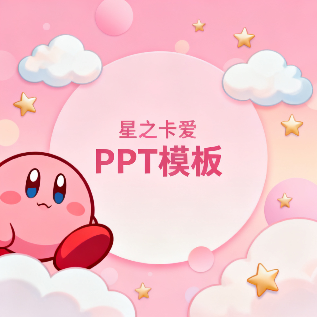 星之卡比风格可爱PPT模板，粉色主色调，圆形卡通元素，云朵与星星装饰，柔和渐变背景