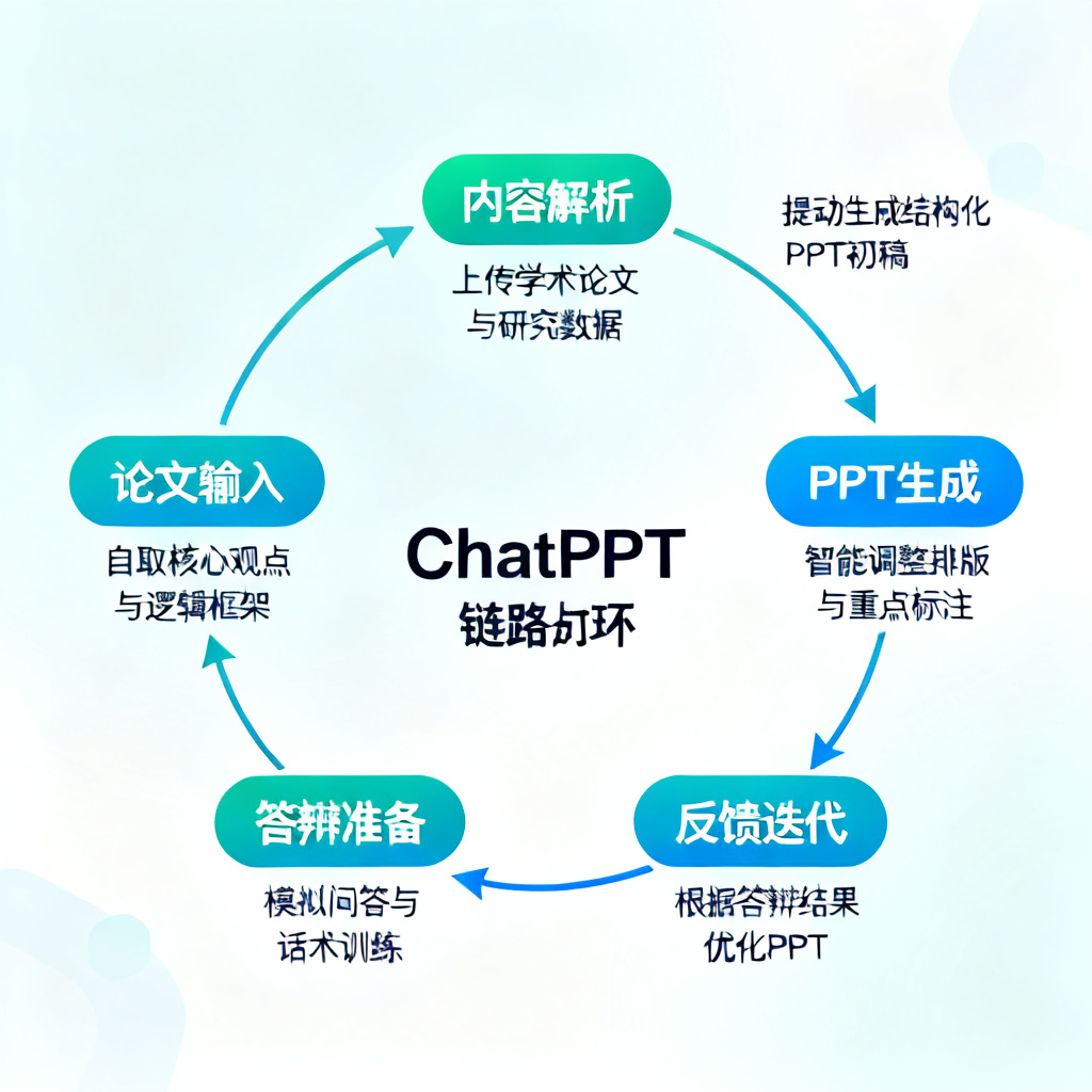 一张流程图,展示ChatPPT从论文输入到答辩准备的全链路闭环,标注每个环节的核心功能