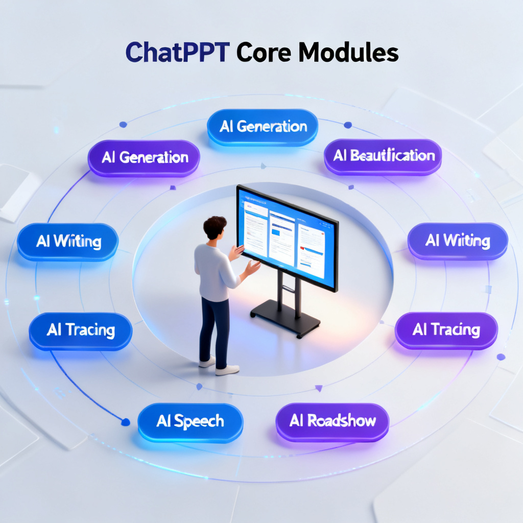 A conceptual illustration showing ChatPPT's eight core modules (AI Generation, AI Beautification, AI Writing, AI Tracing, AI Speech, AI Roadshow, etc.) arranged in a circular architecture diagram, with a user standing in front of a smart screen delivering a presentation.