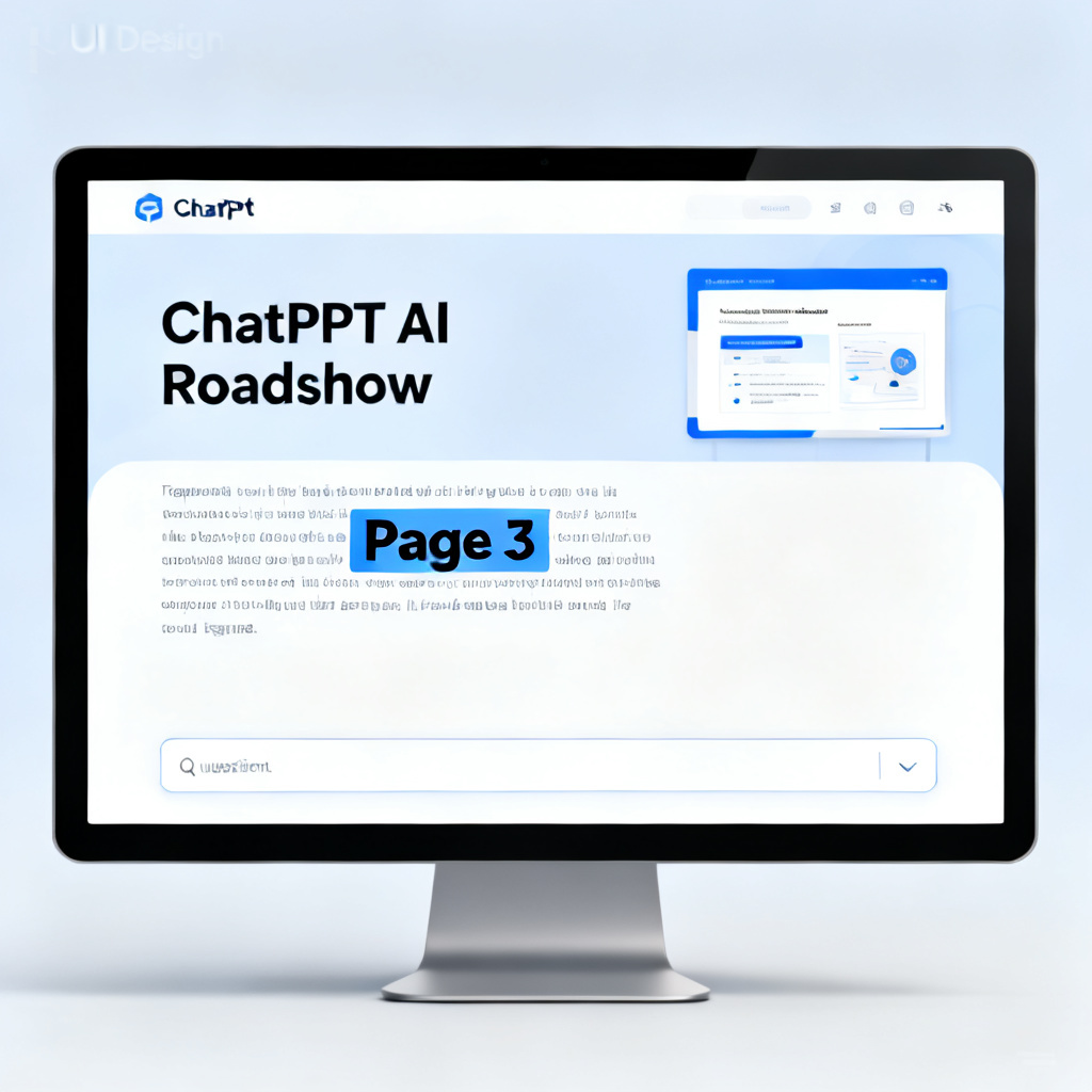 A computer screen showing a ChatPPT AI路演 page, with a question input box at the bottom. The AI has responded with an answer and highlighted the relevant slide number (e.g., "Page 3") in the response. The slide is shown on the right side of the screen.