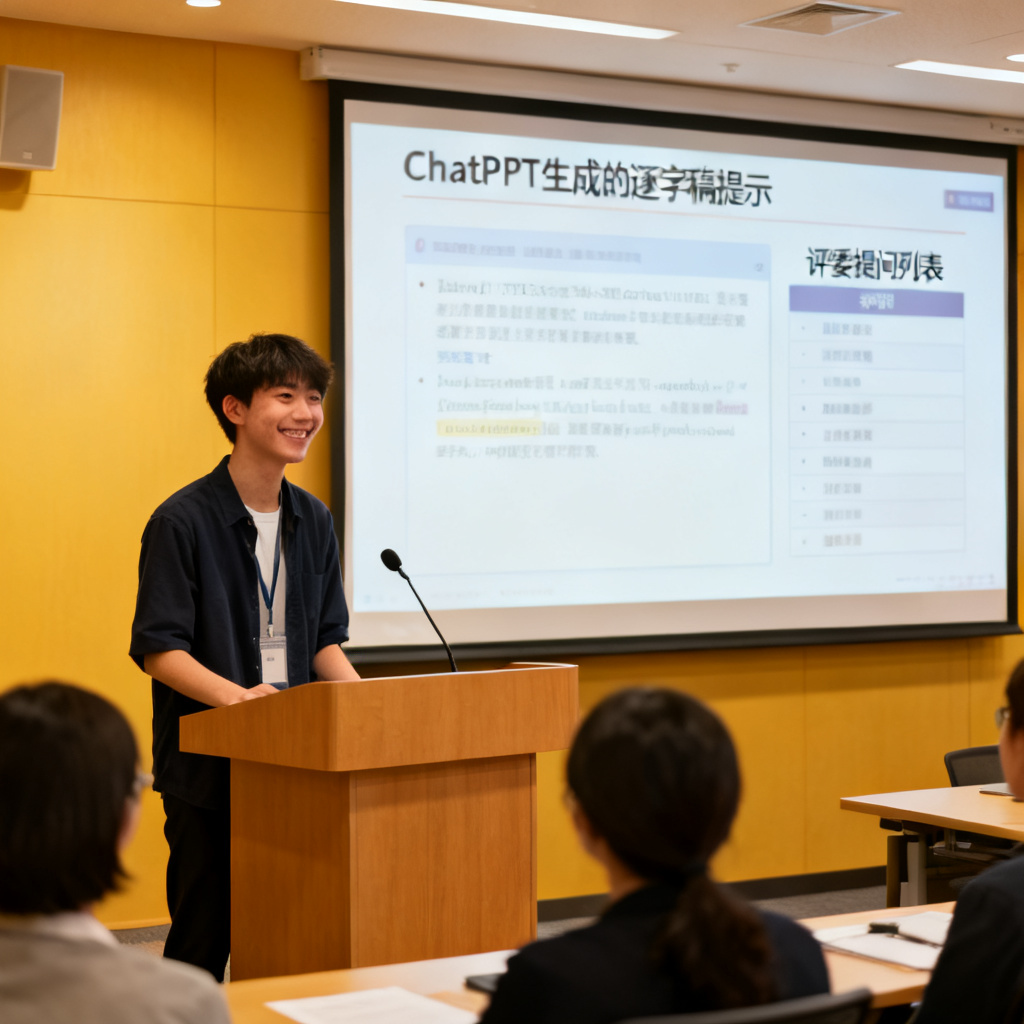 一位学生自信地进行论文答辩，背后屏幕显示ChatPPT生成的逐字稿提示和评委提问列表，明亮会议室，积极氛围