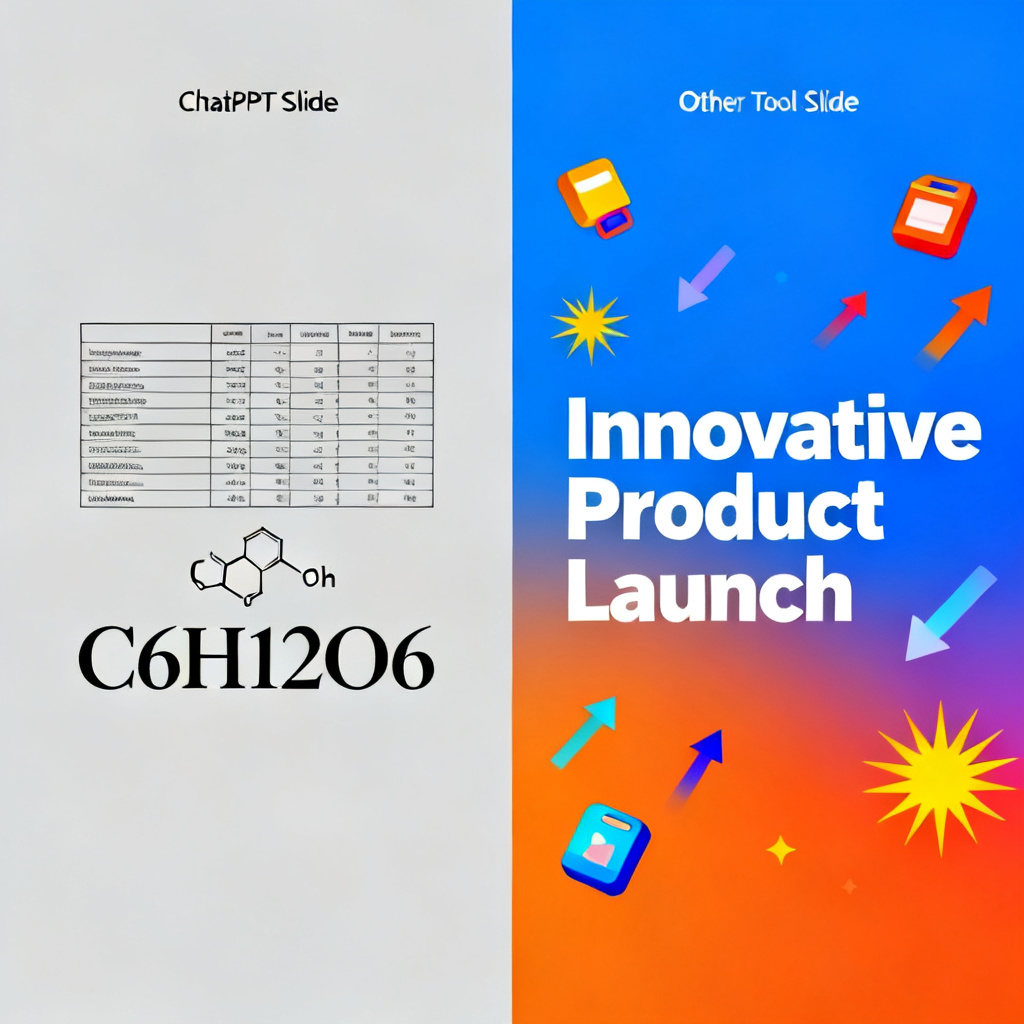 A side-by-side comparison of a slide created by ChatPPT (clean, academic, with a data table and molecular formula) vs. a slide by another tool (colorful, with marketing-style graphics).