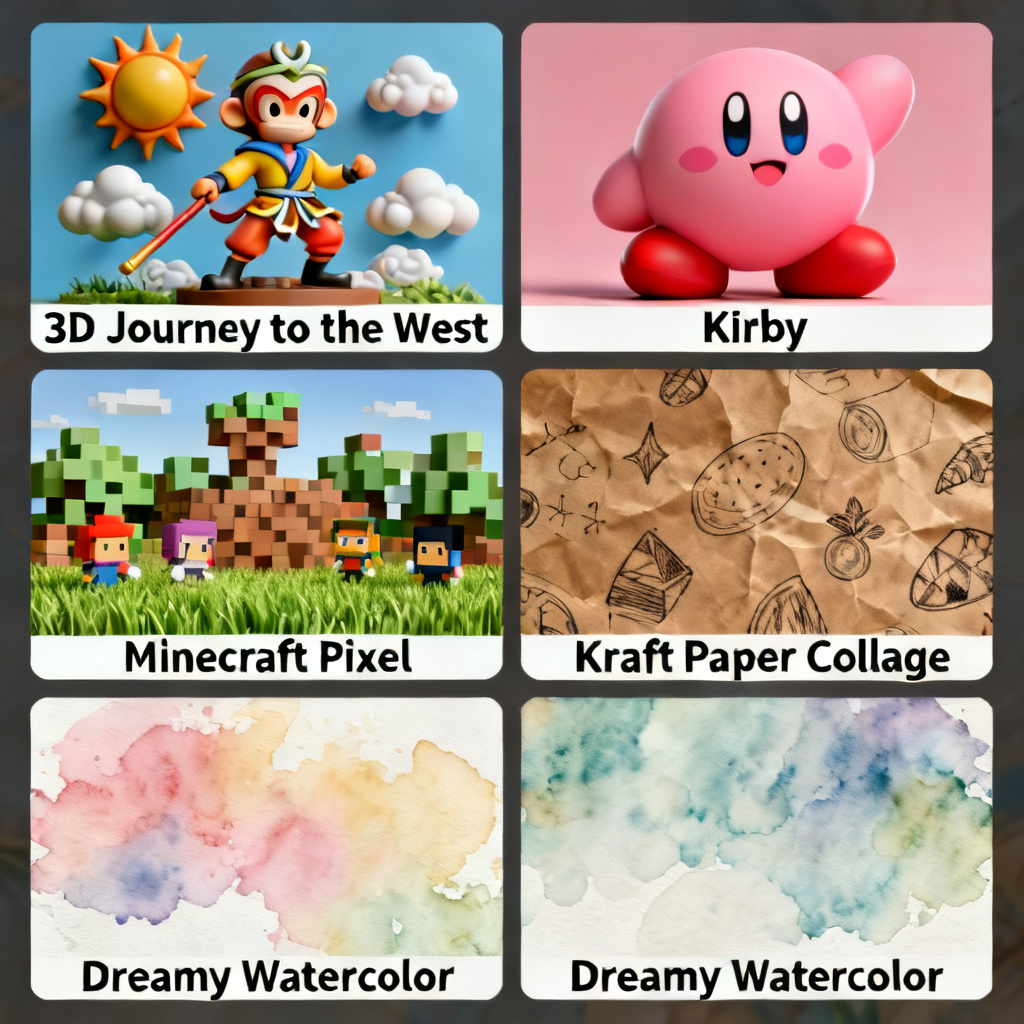 A collage showing various PPT styles generated by ChatPPT, including 3D Journey to the West, Kirby, Minecraft pixel, kraft paper collage, and dreamy watercolor, with vibrant colors and unique textures.