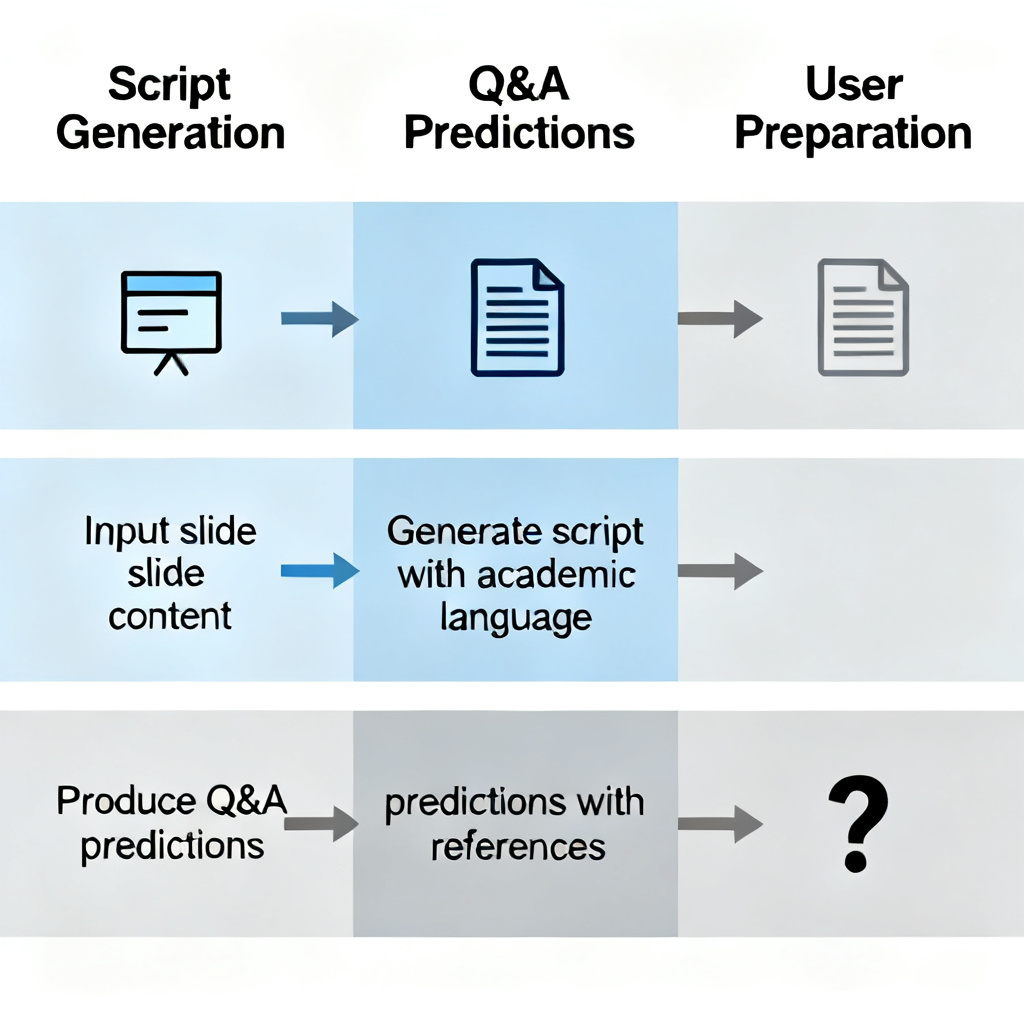A diagram showing the workflow of ChatPPT's defense assistant feature: input slide content, generate script with academic language, then produce Q&A predictions with references. The diagram uses a clean, academic-style design with three columns connected by arrows, labeled "Script Generation," "Q&A Predictions," and "User Preparation."