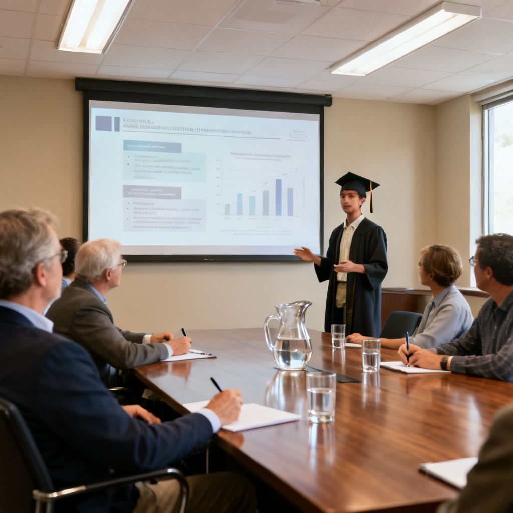 A confident graduate student presenting a well-designed academic PPT in a conference room, with professors listening attentively, bright and professional atmosphere, photorealistic style