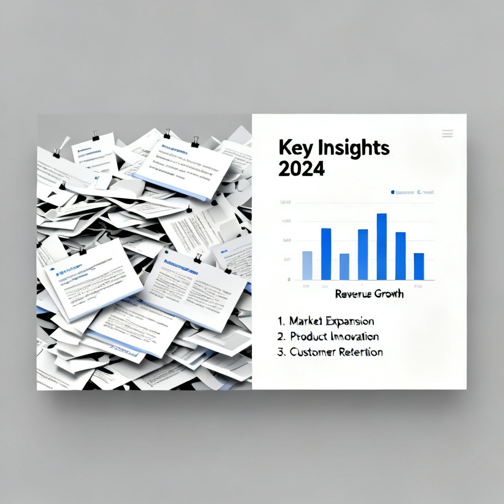 A split-screen illustration showing two versions of a presentation slide. The left side shows a messy, cluttered slide with small text and no visual hierarchy. The right side shows a clean, well-organized slide with a clear headline, a chart, and bullet points. Style: infographic, comparison, modern, with a professional color palette.