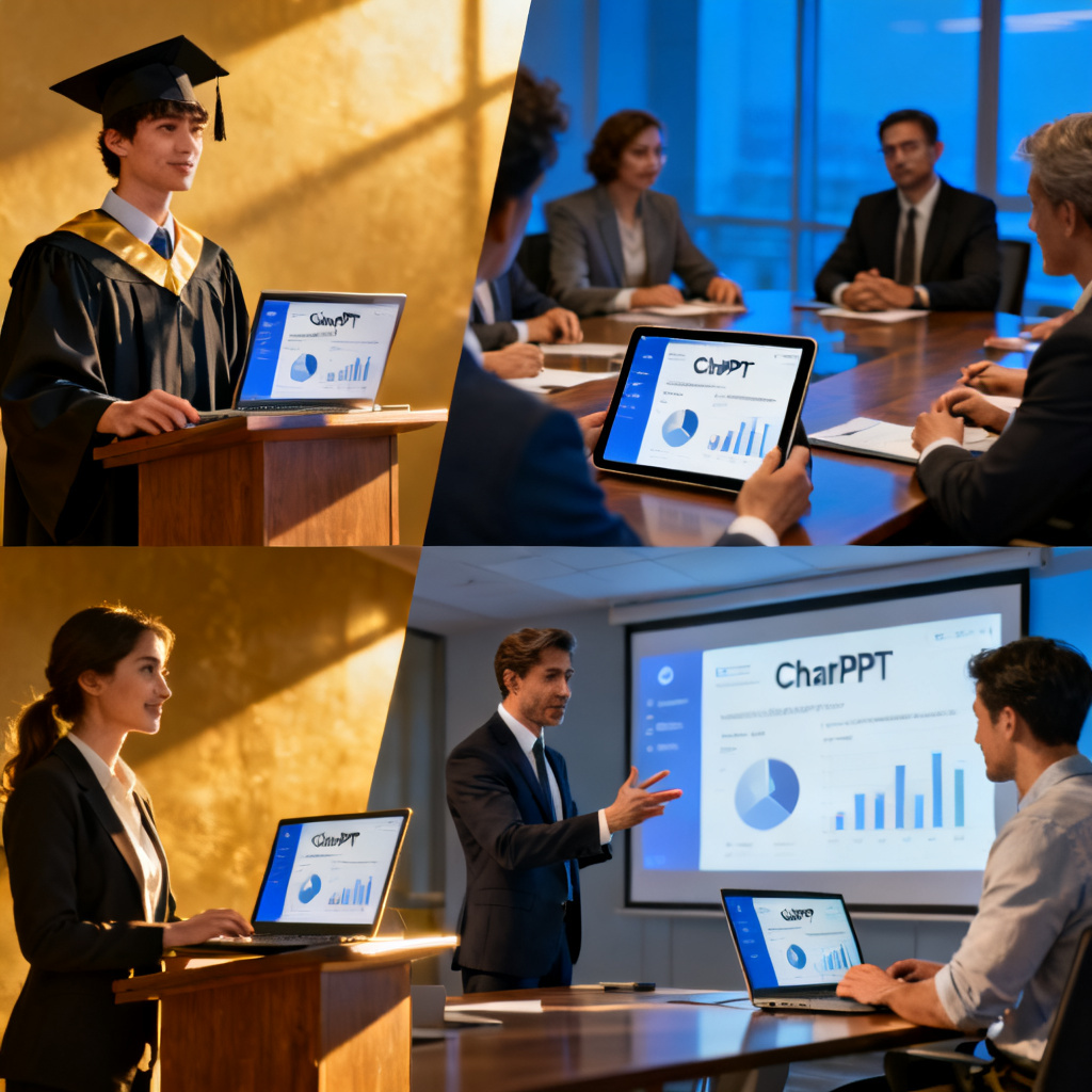A montage of diverse professionals (a student defending a thesis, a CEO pitching to investors, a manager presenting quarterly results) all using a tablet or laptop with the ChatPPT interface visible. The mood is empowering and successful. Style: photorealistic, diverse, high-contrast.