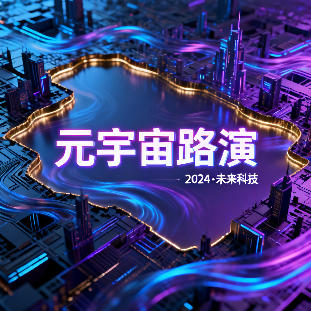 赛博朋克风格元宇宙路演PPT封面,霓虹灯色彩,复杂城市轮廓,动态光影,4K超精细