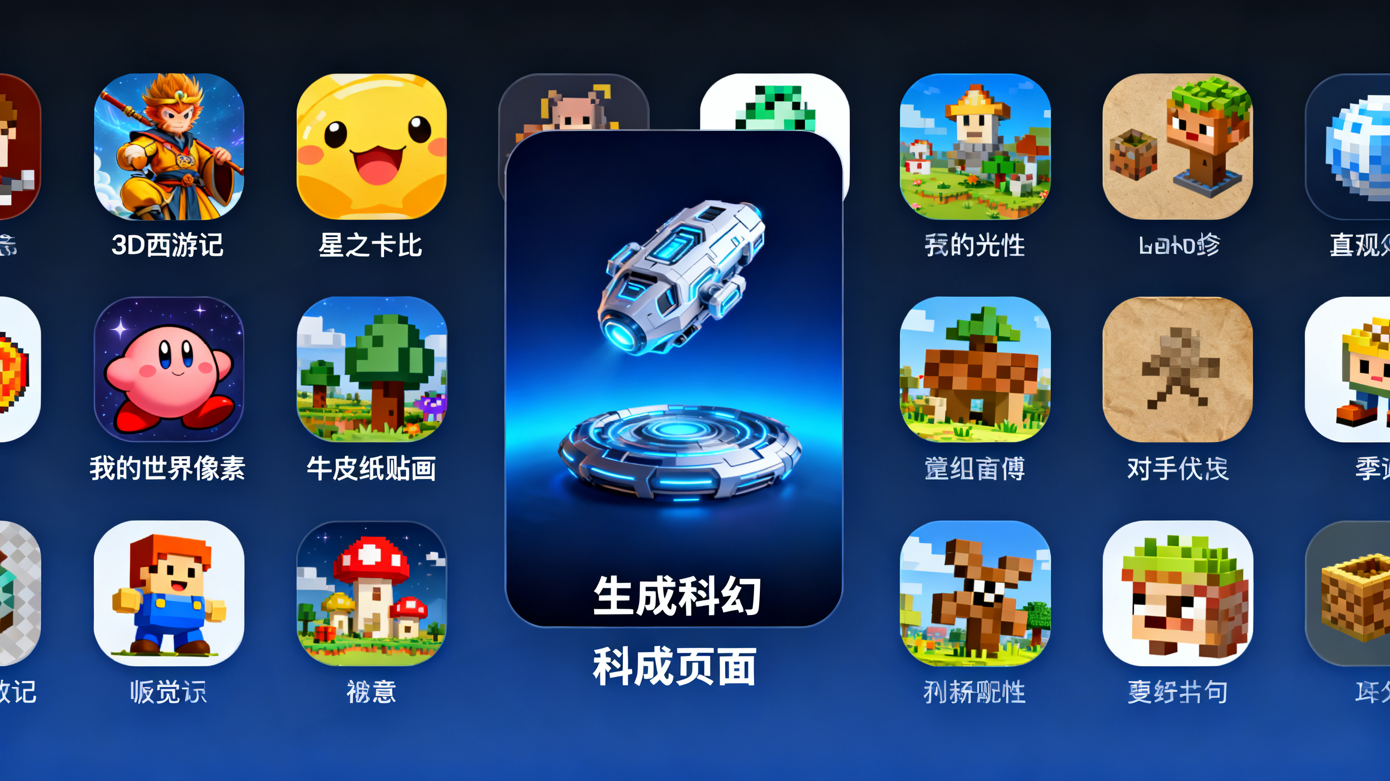 ChatPPT 创意绘图模式界面,上百种风格卡片如 3D 西游记、星之卡比、我的世界像素、牛皮纸贴画排列,中央生成科幻页面
