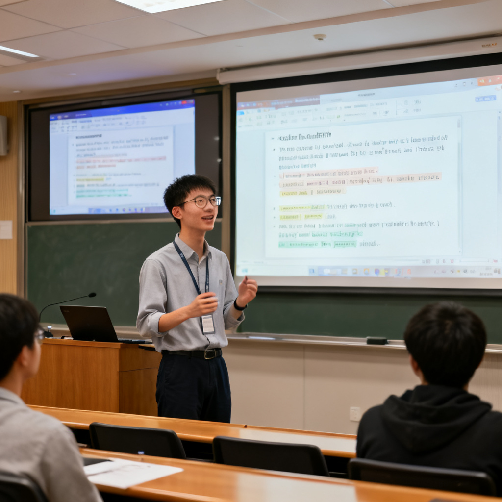 一位研究生正在使用ChatPPT进行答辩演练,屏幕显示PPT和逐字稿,表情自信,环境为学术报告厅,光线明亮