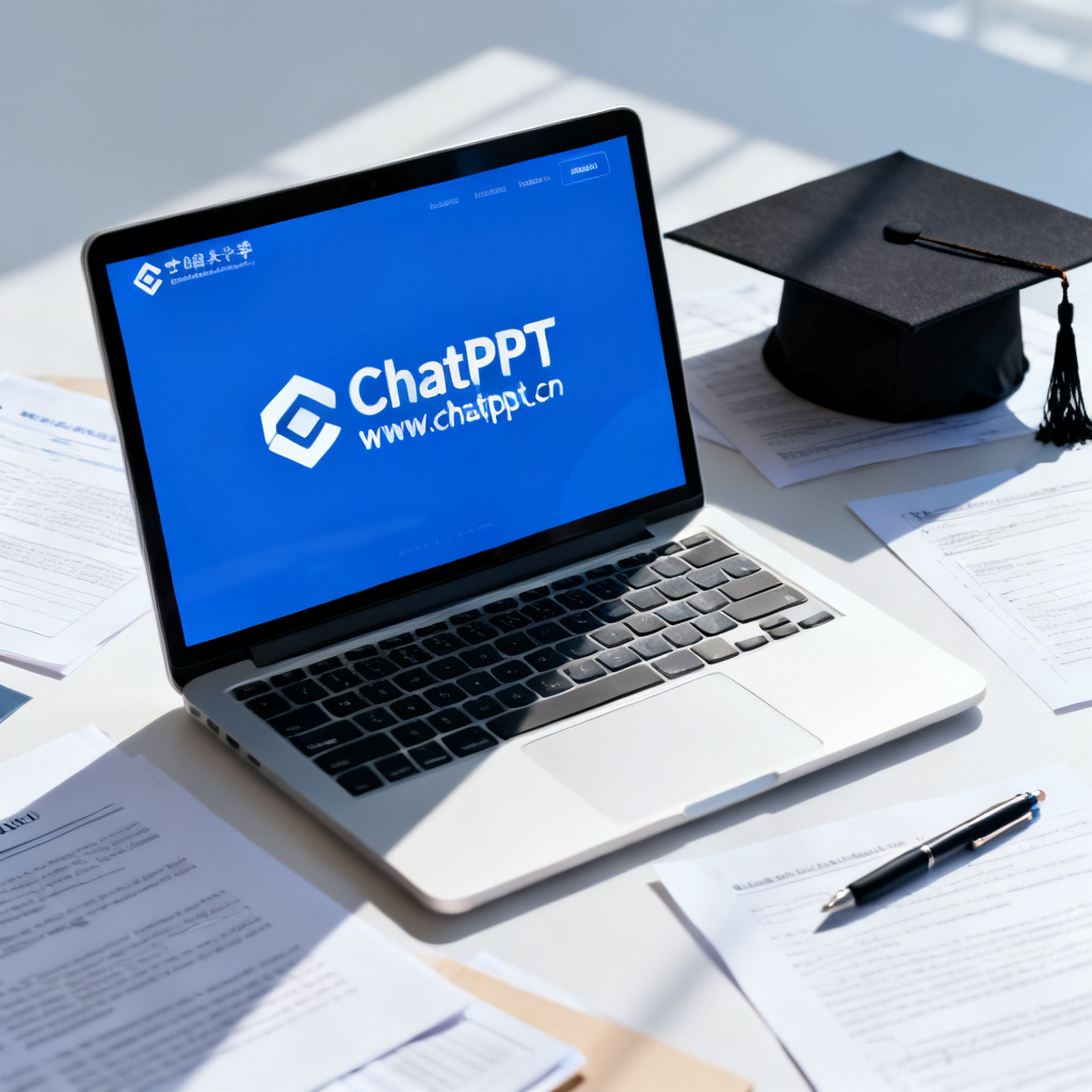 A modern laptop screen displaying the ChatPPT homepage at www.chatppt.cn. Around the laptop, there are scattered academic papers, a graduation cap, and a pen. The scene symbolizes thesis assistance and academic success. Professional lighting, clean composition, blue-white color palette.