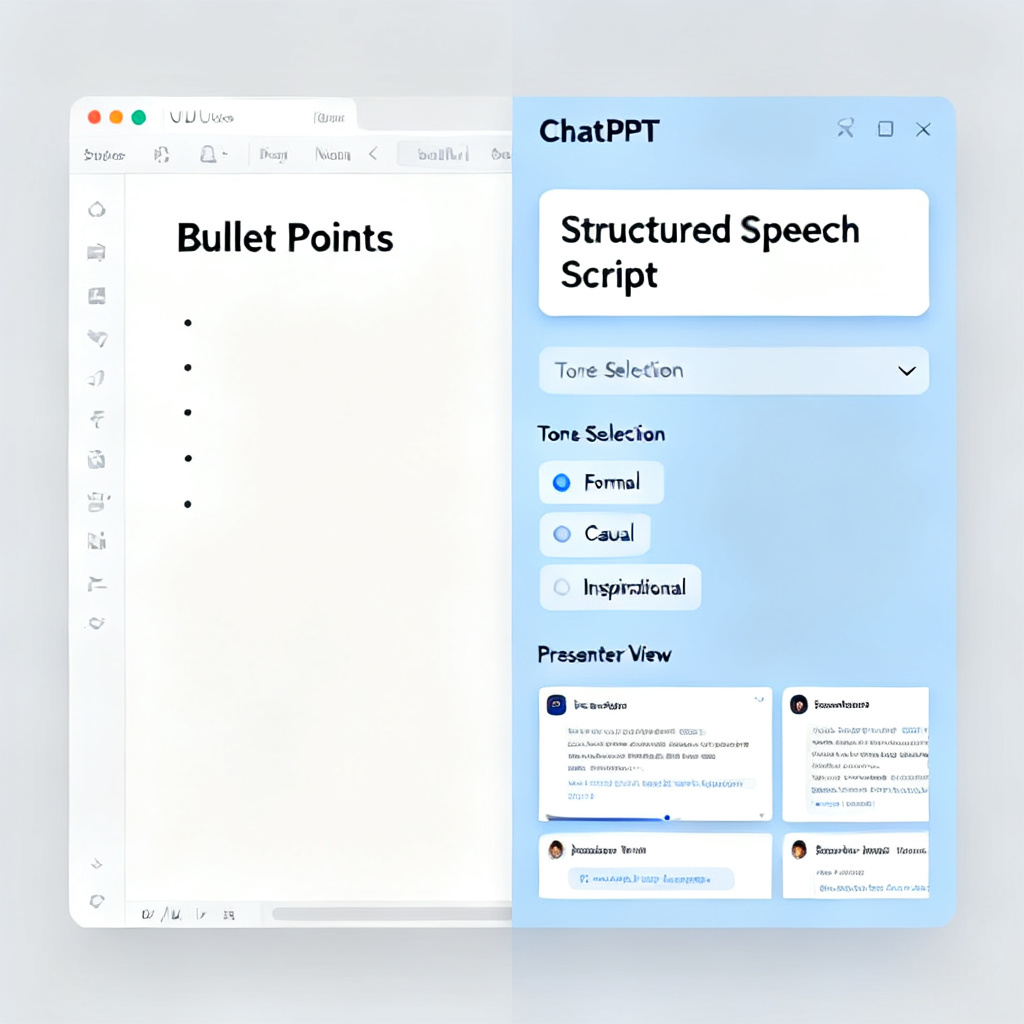 A split screen comparison: left side shows a traditional PPT with bullet points and no speaker notes; right side shows ChatPPT interface with structured speech script, tone selection dropdown, and presenter view mockup.