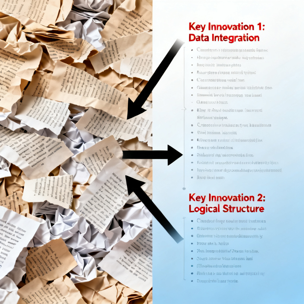 A split-screen comparison showing messy, fragmented paper paragraphs on the left versus a clean, logically structured AI-generated outline on the right, with arrows indicating data flow and key innovation points highlighted