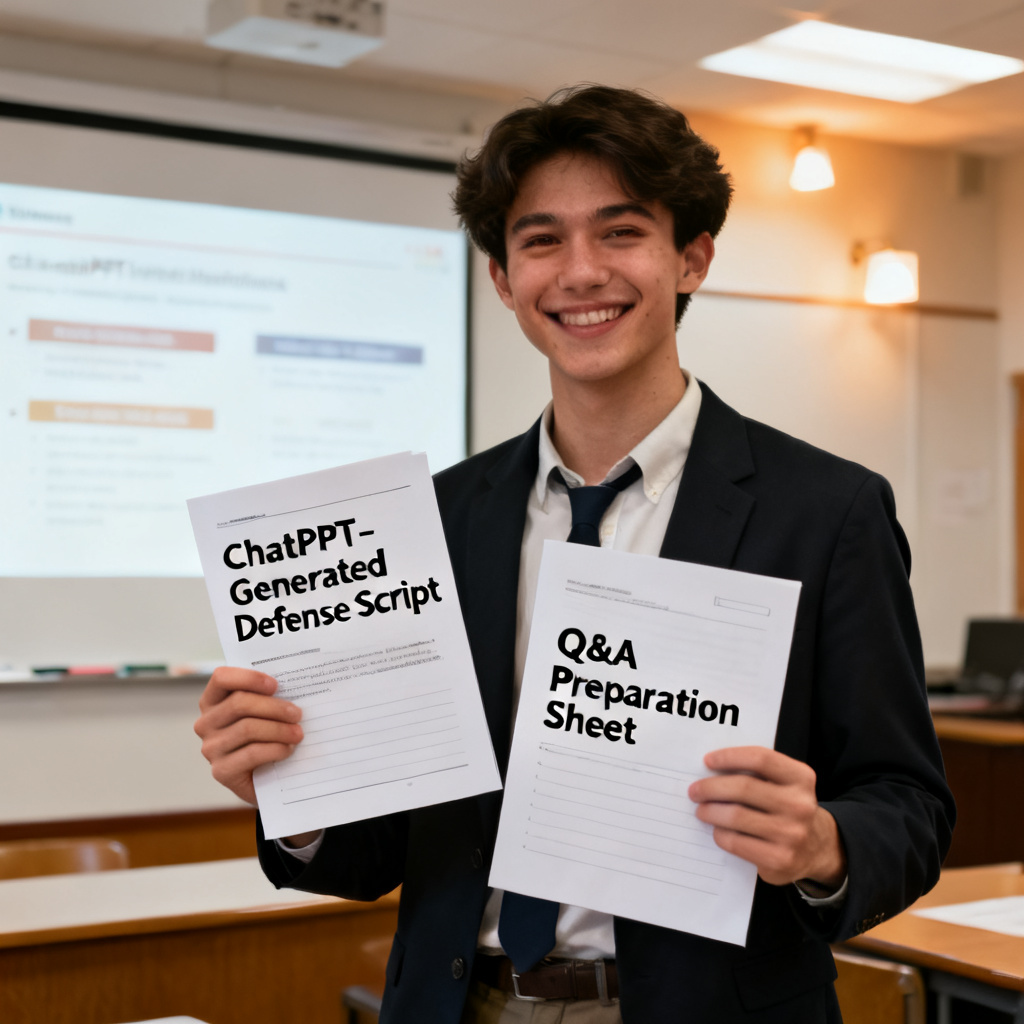 A mockup of a defense scene with a student using a ChatPPT-generated script and Q&A prep sheet, feeling confident.