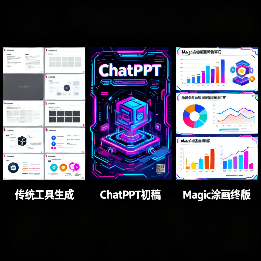 三张对比图：左侧为传统工具生成的模板化PPT，页面布局呆板，配色单调；中间为ChatPPT生成的赛博朋克风格PPT初稿，视觉冲击力强；右侧为使用Magic涂画调整细节后的最终版，图表颜色与图标均与风格统一