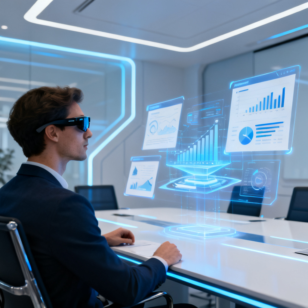 A person wearing smart glasses looking at a floating holographic presentation in a modern meeting room, the slides are animated, data charts are 3D, futuristic, clean design, high detail