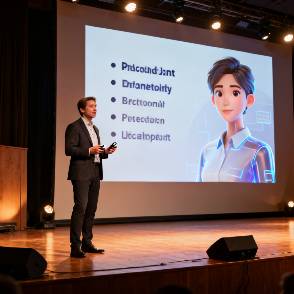 A professional presenter standing on a stage with a confident posture, holding a remote clicker, while a large screen behind shows a slide with bullet points and a digital persona. The scene is well-lit with warm lighting, conveying a sense of success and expertise.