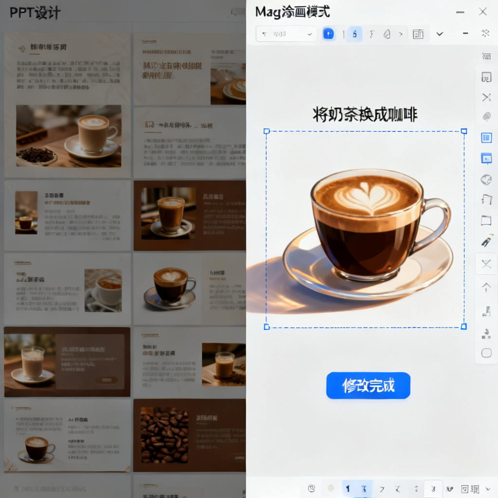 一个PPT页面展示，左侧是原始设计（包含文字和图片），右侧是Magic涂画模式操作界面，用户框选区域后输入“将奶茶换成咖啡”，AI实时替换并保持光影一致，界面显示“修改完成”状态