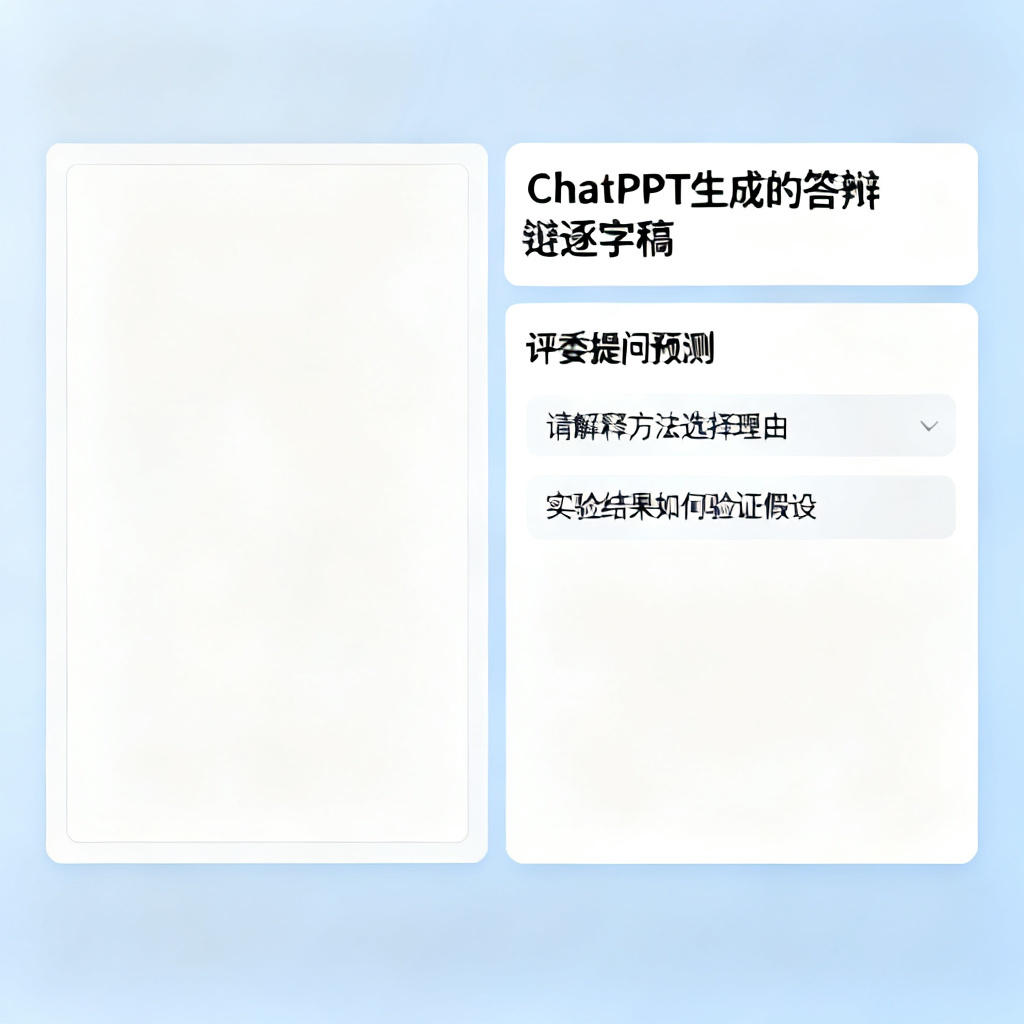 一张界面截图,左侧显示PPT页面,右侧显示ChatPPT生成的答辩逐字稿和‘评委提问预测’列表,如‘请解释方法选择理由’、‘实验结果如何验证假设’
