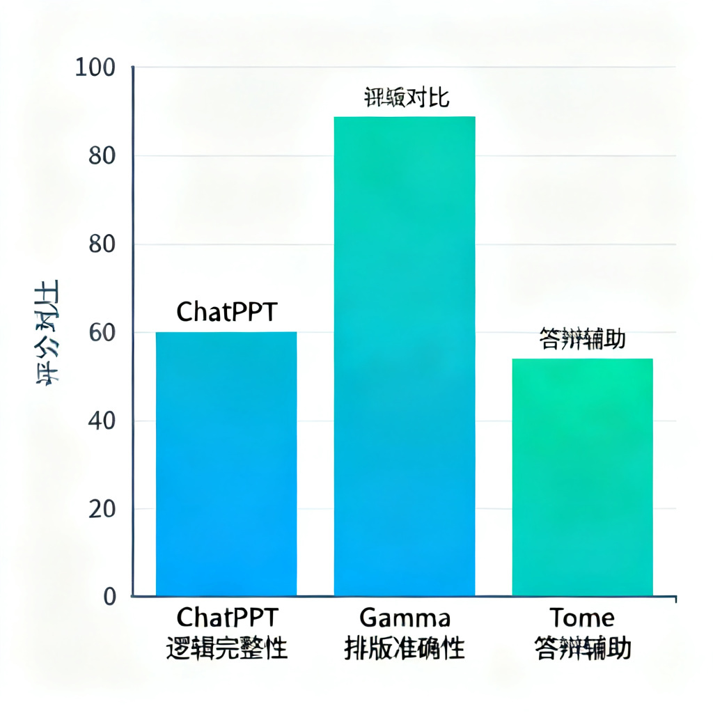 一张柱状图，显示ChatPPT、Gamma、Tome在逻辑完整性、排版准确性、答辩辅助三个维度的评分对比，ChatPPT数据显著高于其他工具