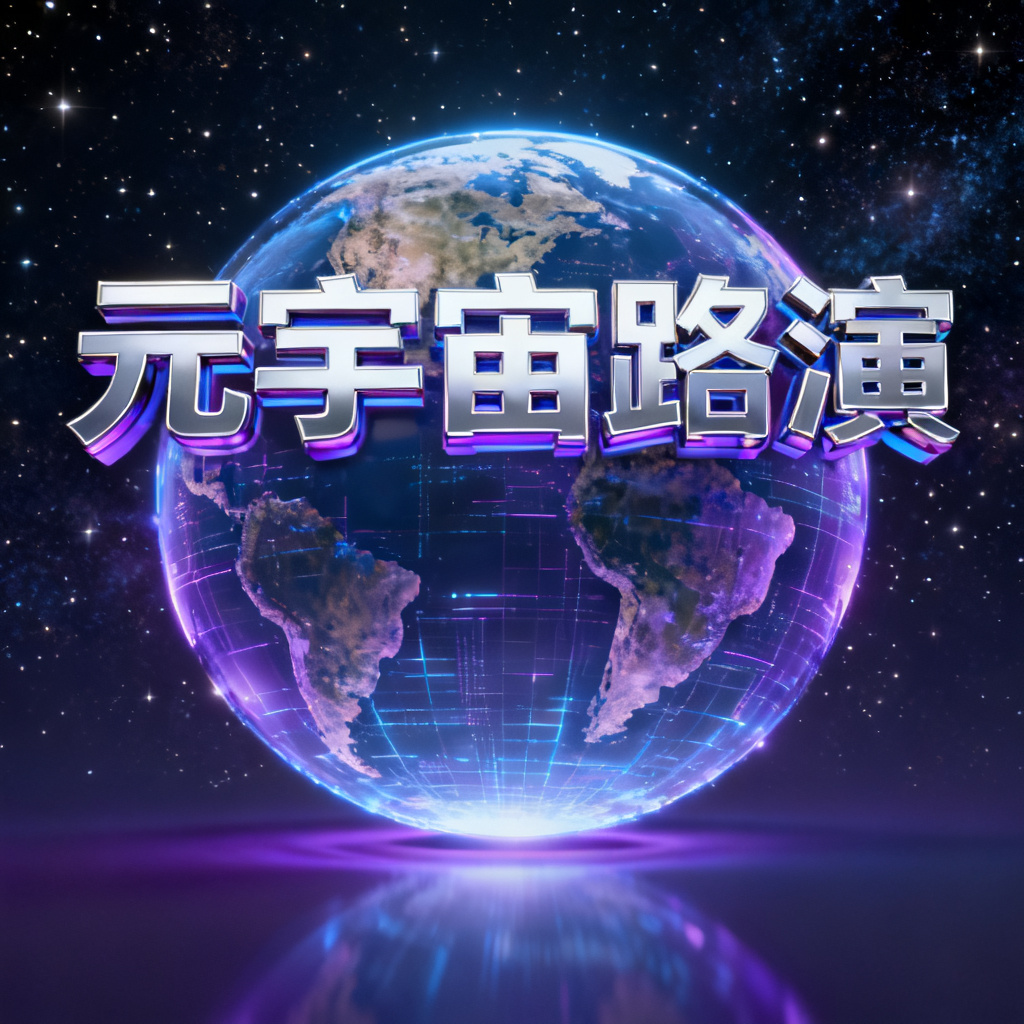 一份关于元宇宙路演的PPT封面，3D风格，中心是一个发光的虚拟地球，背景是星空，字体为未来感无衬线体。