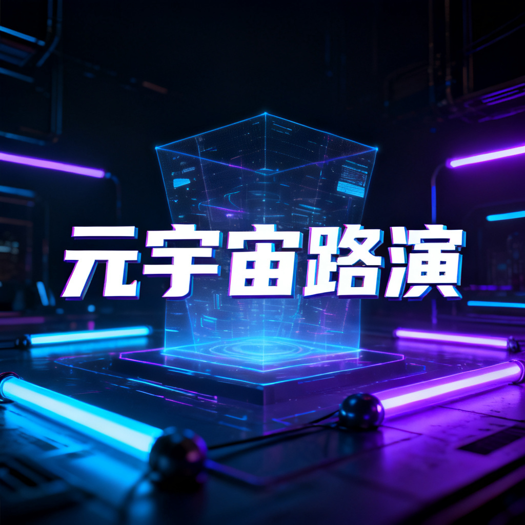 赛博朋克风格的元宇宙路演PPT封面，霓虹灯管与全息投影交织，暗色调背景配以蓝紫色高光，文字标题采用科技感字体