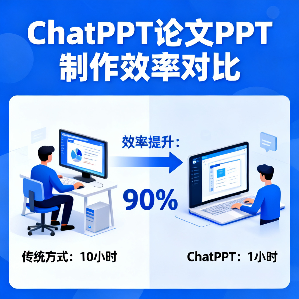 一张信息图，显示ChatPPT将论文PPT制作时间从10小时缩短到1小时，附带效率提升百分比