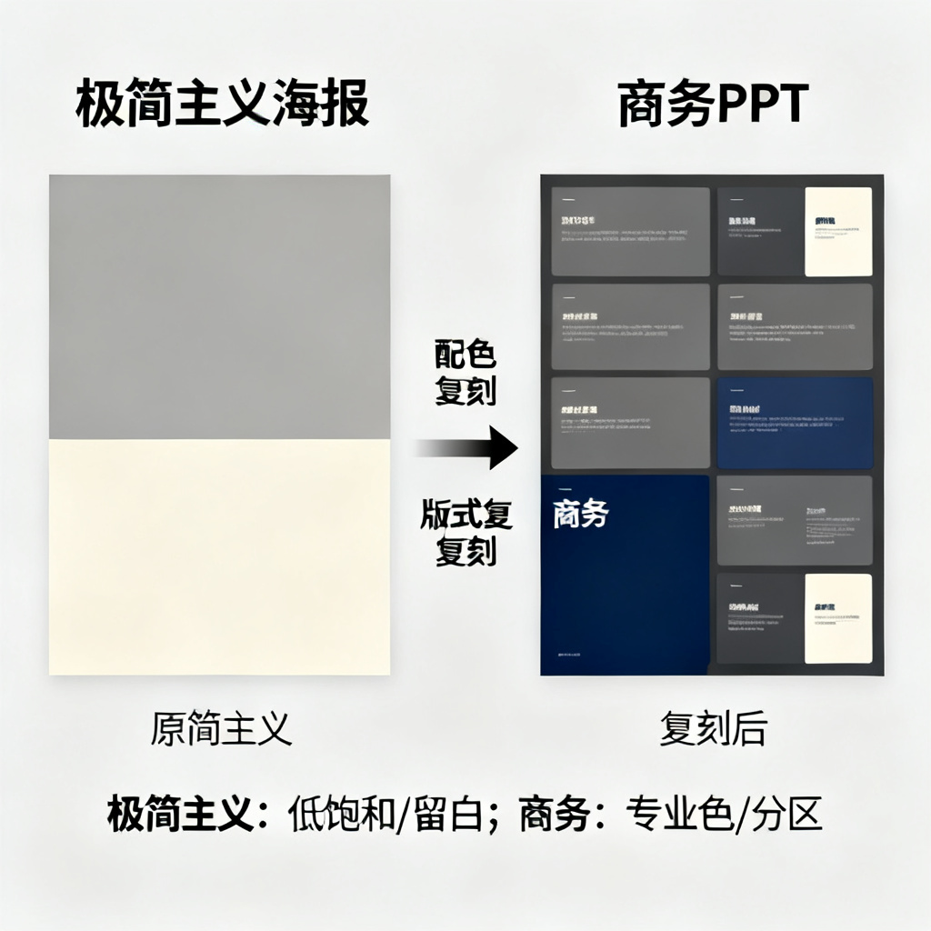 用户上传一张极简主义风格的海报后，ChatPPT复刻其配色与版式，生成一套商务PPT，展示风格复刻的前后对比效果