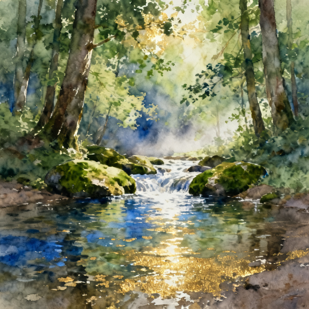 水彩画风格的自然风景，森林中的小溪，阳光透过树叶洒在水面上，形成斑驳的光影，画面带有手绘的质感，色彩以绿色、蓝色和金色为主。