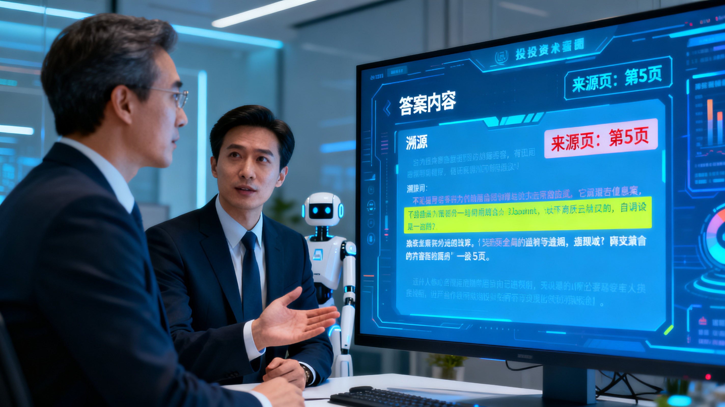 投资人向 AI 提问，屏幕显示答案并自动标注来源页，溯源高亮，专业商务场景，数据可视化风格