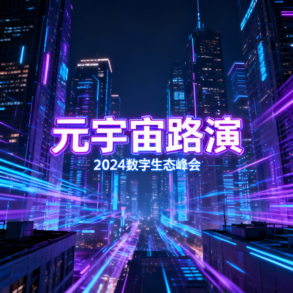 赛博朋克风格，元宇宙路演PPT封面，霓虹灯光，城市夜景，科技感，高楼林立，数据流光影