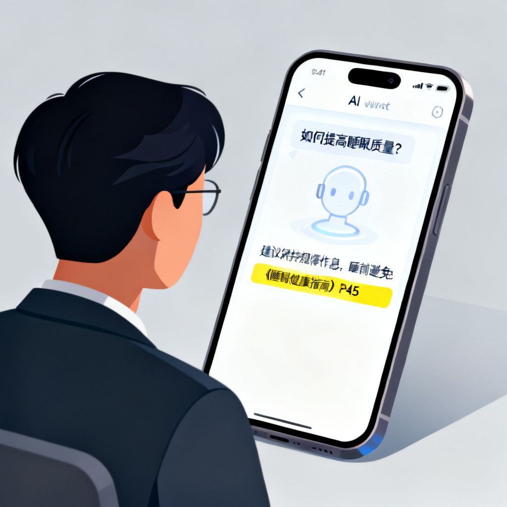 一位听众向手机屏幕上的AI助手提问，手机屏幕显示答案并高亮标注出处页码