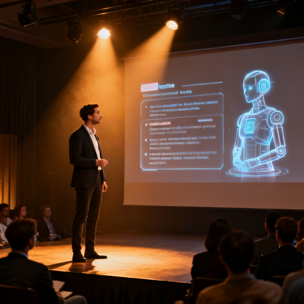 A professional presenter standing confidently on a stage, with a holographic AI assistant displaying structured speech notes beside the slides. The scene is illuminated by warm spotlight, showing the presenter looking at the audience, not the screen.