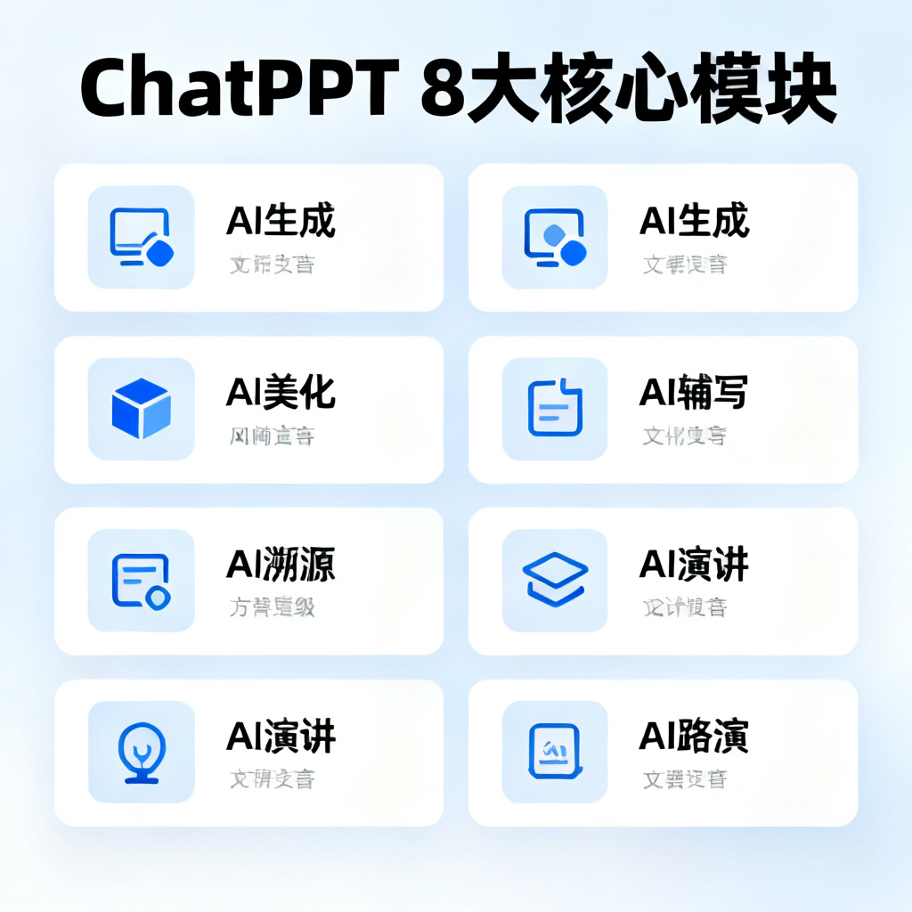 一张信息图展示ChatPPT的8大核心模块，包括AI生成、AI美化、AI辅写、AI溯源、AI演讲、AI路演等，风格简洁清晰