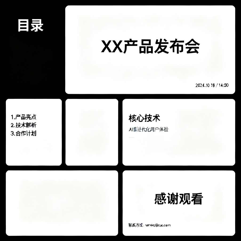 用户上传一张极简主义海报，ChatPPT解析其黑白配色、留白比例与无衬线字体，生成一份同风格的产品发布会PPT，保持视觉一致性