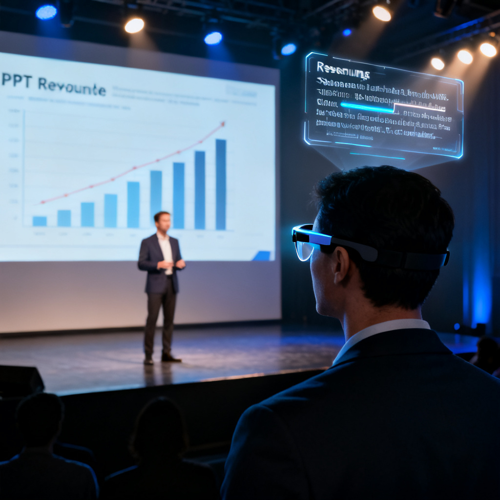 A professional speaker wearing smart glasses stands on a dimly lit stage. Transparent holographic text appears above the right lens, showing a rolling speech script with the current paragraph highlighted. In the background, a large projection screen displays a sleek PPT slide with revenue growth charts. The scene is photographed from behind the speaker's shoulder, showing the audience silhouetted in the dark. Soft blue and warm white stage lighting, photorealistic cinematic style, high dynamic range. The floating text is subtly rendered with simulated display edges, conveying a futuristic yet practical augmented-reality experience.